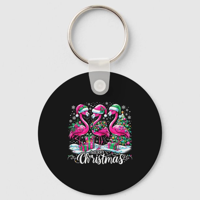 Merry Christmas Hat Santa Flamingo Light Christmas Keychain (Front)