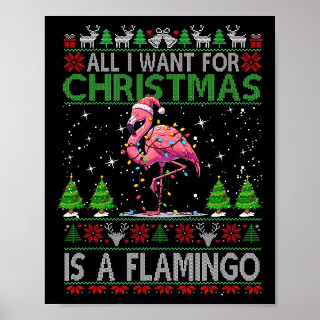 Merry Christmas Hat Santa Flamingo Light Christmas Poster (Front)