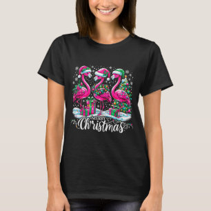 Merry Christmas Hat Santa Flamingo Light Christmas T-Shirt
