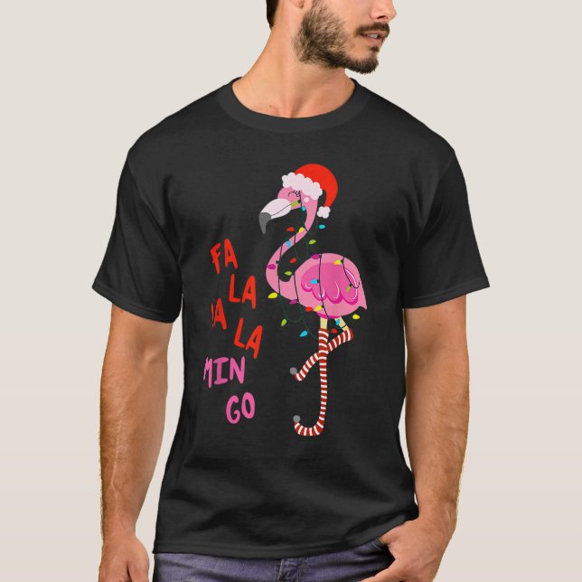 Merry Christmas Hat Santa Flamingo Light Snow Xmas T-Shirt (Front)