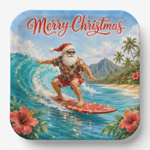 Merry Christmas Hawaiian Surfing Santa Paper Plate
