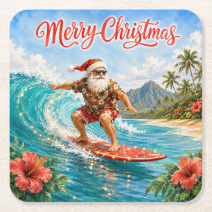 Merry Christmas Hawaiian Surfing Santa Square Paper Coaster