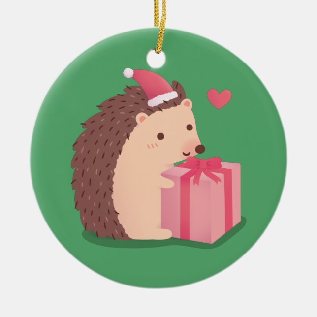 Merry Christmas Hedgehog With Present Ceramic Ornament (Front)