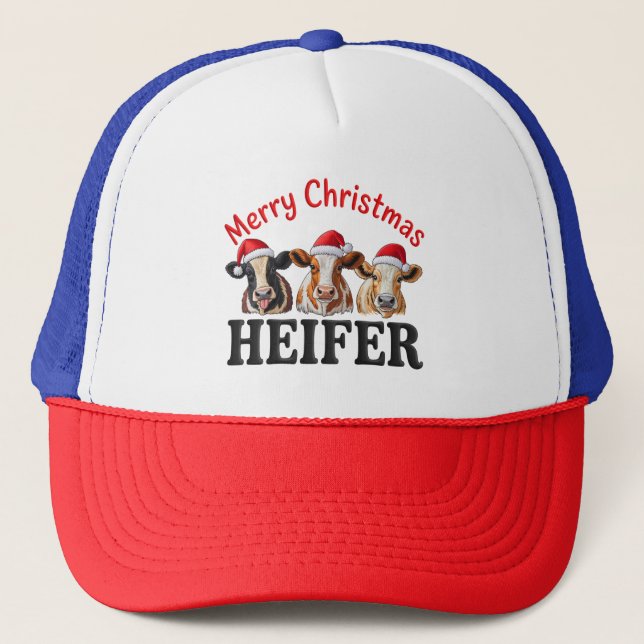 Merry Christmas Heifer Funny Cow Xmas Holiday Trucker Hat (Front)