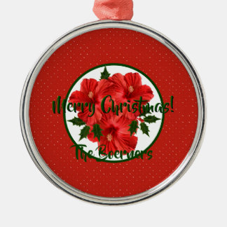 Merry Christmas Hibiscus Holly Holiday Round Metal Ornament