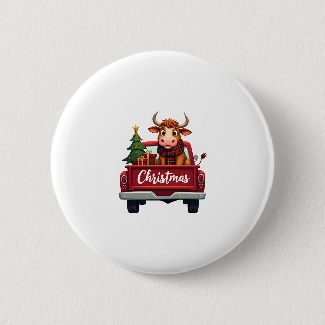 Merry Christmas Highland Cow Christmas Tree Red Tr 2 Inch Round Button (Front)