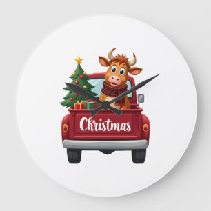 Merry Christmas Highland Cow Christmas Tree Red Tr Large Clock