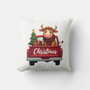 Merry Christmas Highland Cow Christmas Tree Red Tr Throw Pillow
