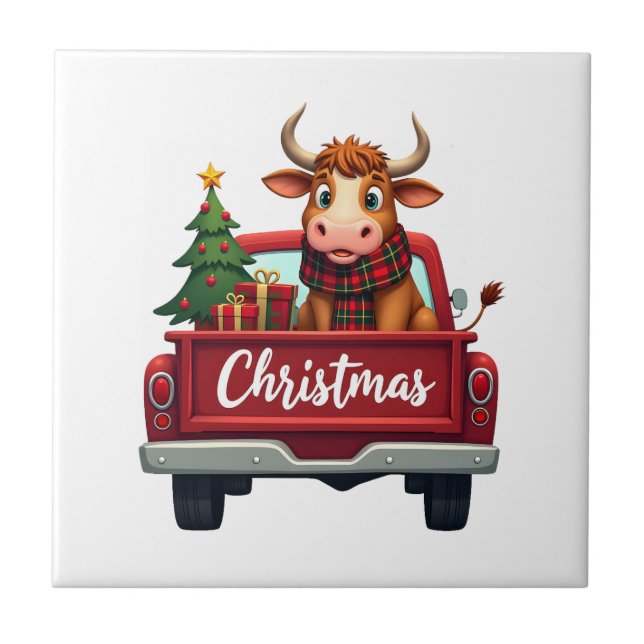 Merry Christmas Highland Cow Christmas Tree Red Tr Tile (Front)