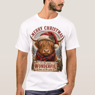 Merry Christmas Highland Cow Graphic - Festive Hol T-Shirt