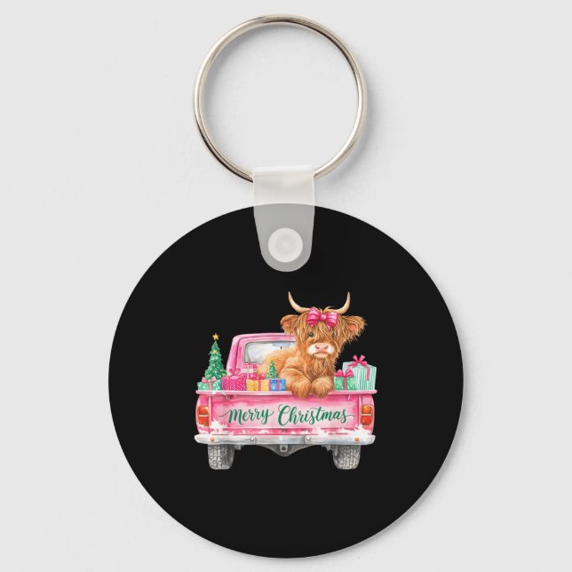 Merry Christmas Highland Cow Nk Truck Xmas Tree Wo Keychain (Front)