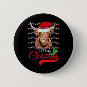 Merry Christmas Highland Cow Western Santa Hat Xma 2 Inch Round Button