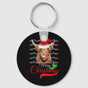 Merry Christmas Highland Cow Western Santa Hat Xma Keychain