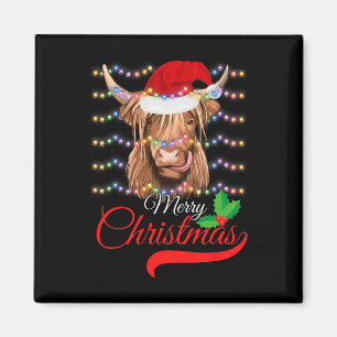 Merry Christmas Highland Cow Western Santa Hat Xma Magnet