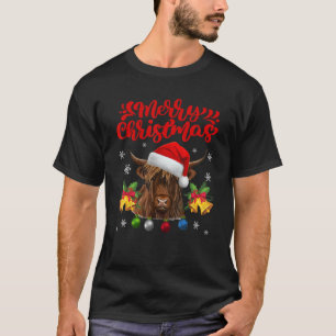Merry Christmas Highland Cow Western Santa Hat Xma T-Shirt
