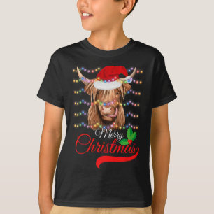 Merry Christmas Highland Cow Western Santa Hat Xma T-Shirt