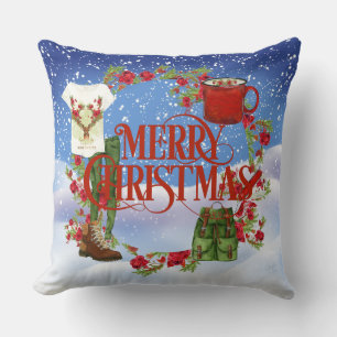Merry Christmas Hikers Pillow with Mountains