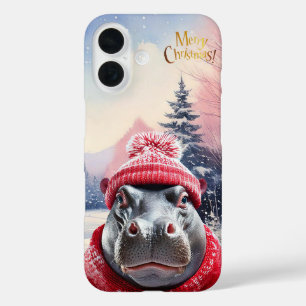 Merry Christmas Hippo Santa hat and scarf iPhone 16 Case