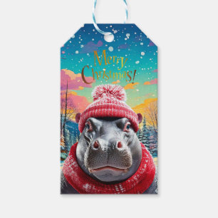 Merry Christmas Hippo Santa hat and scarf Gift Tags
