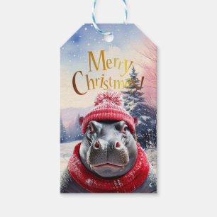Merry Christmas Hippo Santa hat and scarf Gift Tags