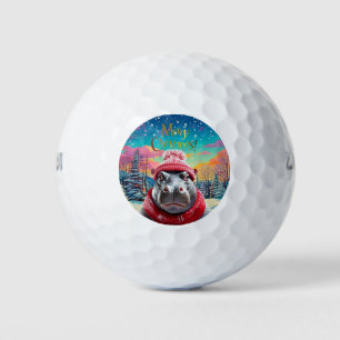 Merry Christmas Hippo Santa hat and scarf Golf Balls