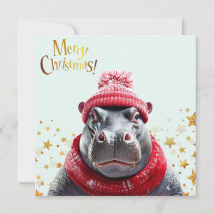 Merry Christmas Hippo Santa hat and scarf Holiday Card