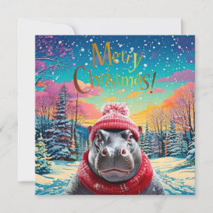 Merry Christmas Hippo Santa hat and scarf Holiday Card