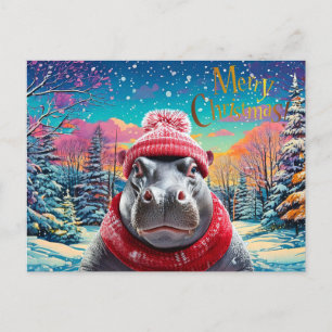 Merry Christmas Hippo Santa hat and scarf Holiday Postcard