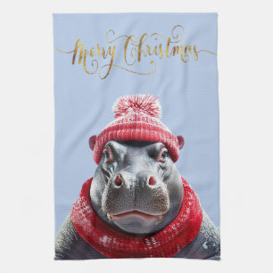 Merry Christmas Hippo Santa hat and scarf Kitchen Towel