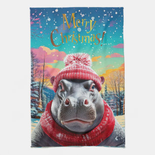 Merry Christmas Hippo Santa hat and scarf Kitchen Towel