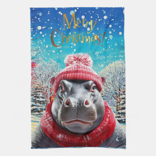 Merry Christmas Hippo Santa hat and scarf Kitchen Towel