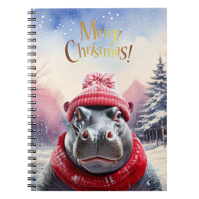 Merry Christmas Hippo Santa hat and scarf Notebook (Front)