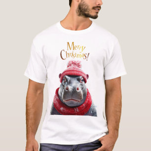 Merry Christmas Hippo Santa hat and scarf T-Shirt