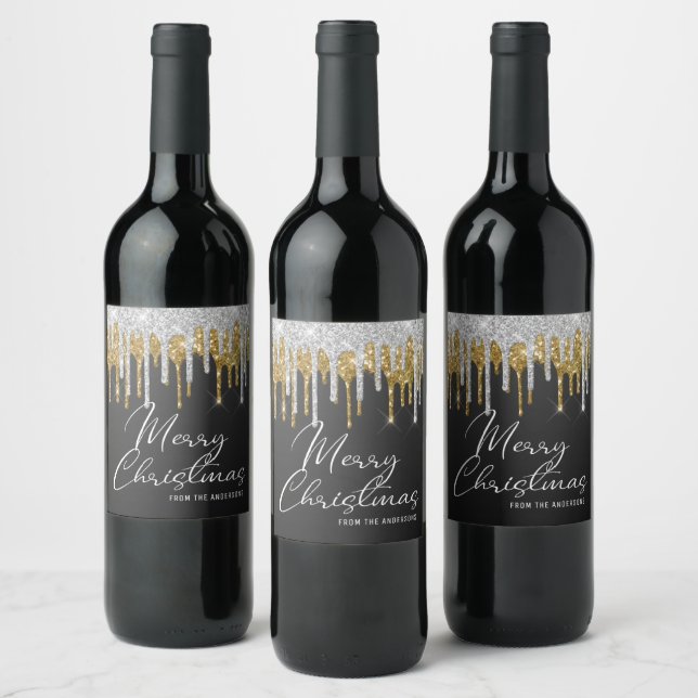 Merry Christmas Holiday Chic Glitter Personalized Wine Label (Bottles)