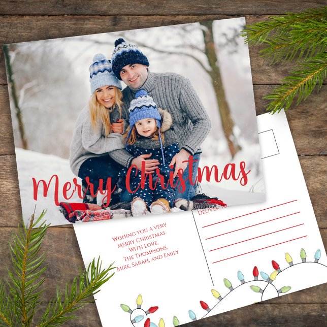 Merry Christmas Holiday Cute Festive String Lights Postcard (Merry Christmas holiday photo postcard with whimsical cute string lights. )