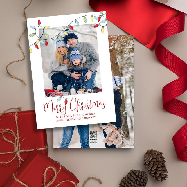 Merry Christmas Holiday Cute String Lights 2 Photo Card (Merry Christmas cute calligraphy script two photo greeting card template. )