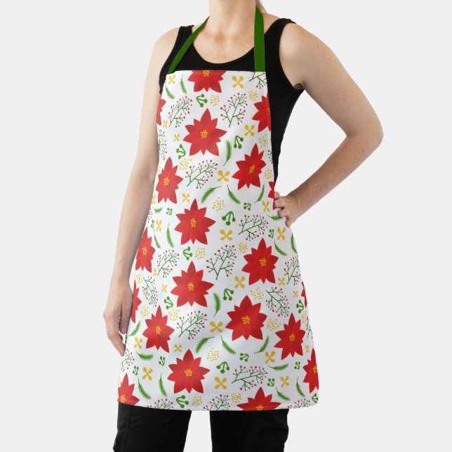 Merry Christmas Holiday Floral Poinsettia Pattern Apron (Insitu)