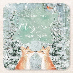 Merry Christmas holiday foxes winter trees Square Paper Coaster