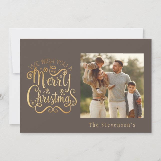 Merry Christmas Holiday Gold Brown Name Script Card (Front)