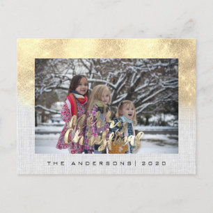 Merry Christmas Holiday Gold Cottage Photo Grey Postcard