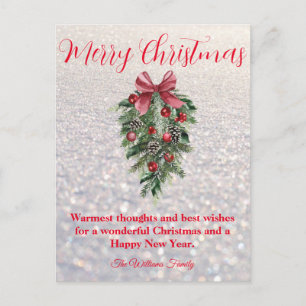 merry christmas holiday greenery deco white snowy postcard