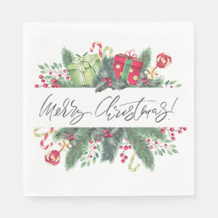 Merry Christmas Holiday Greenery Napkin