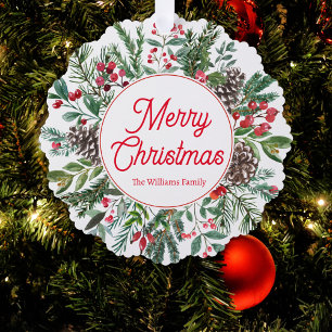 merry christmas  holiday greenery red script chic ornament card