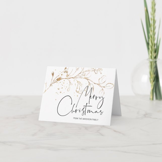 Merry Christmas Holiday Greetings Gold Eucalyptus Card (Front)