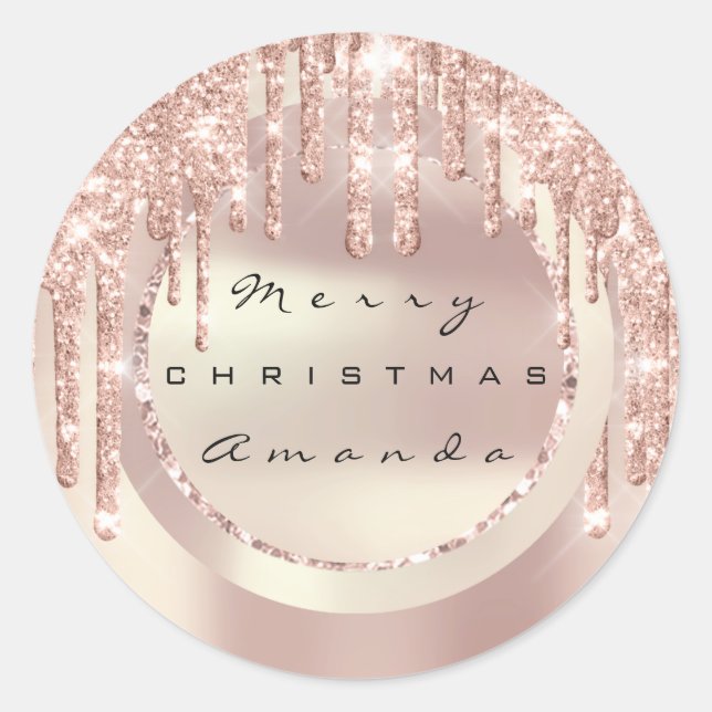 Merry Christmas Holiday Name Copper Rose Glitter Classic Round Sticker (Front)