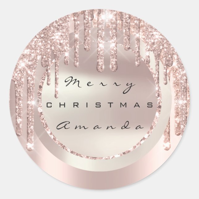 Merry Christmas Holiday Name Drips Rose Glitter Classic Round Sticker (Front)