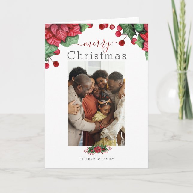 Merry Christmas Holiday Photo Floral Berry Card (Front)