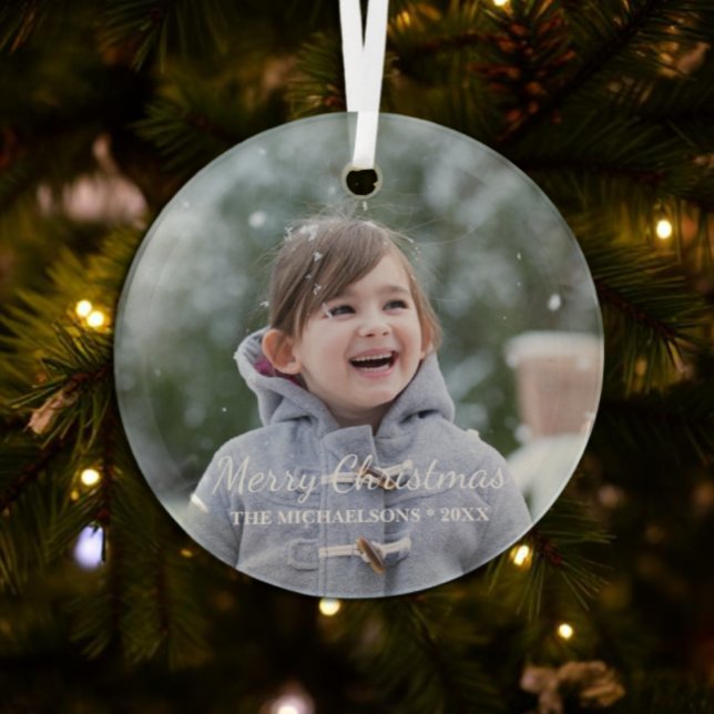 Merry Christmas Holiday Photo Glass Ornament (Creator Uploaded)