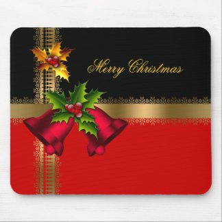 Merry Christmas Holiday Red Bells Black Gold Mouse Pad