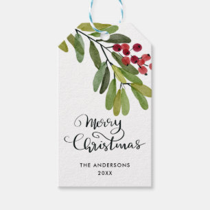 Merry Christmas Holiday Red Berries Holly Leaves  Gift Tags